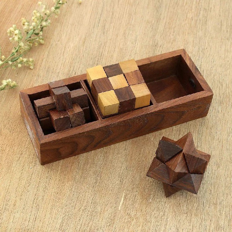 Triple wooden puzzle set